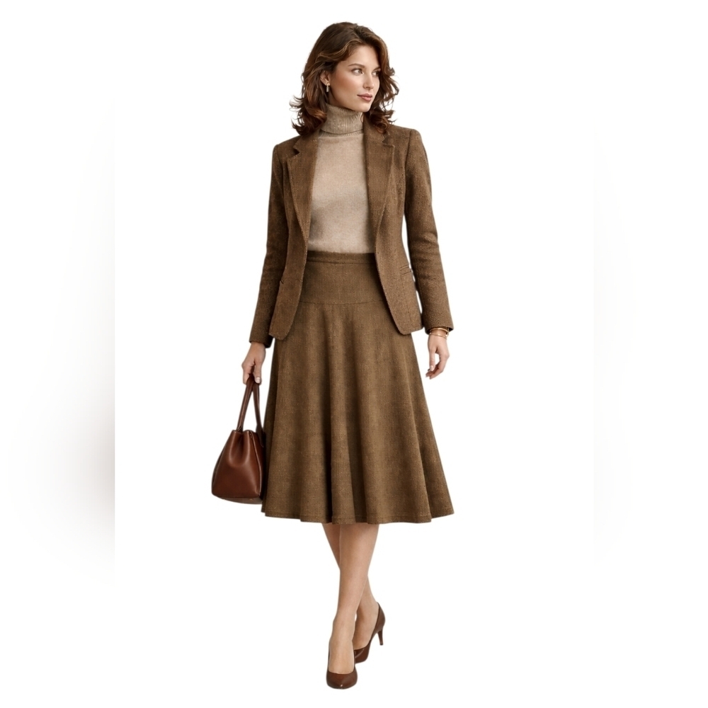 Vintage Adrienne Vittadini Petites Wool A-Line Midi Skirt | 90s Minimalist Brown